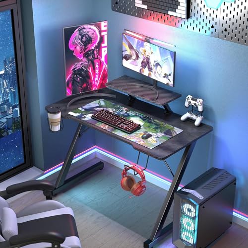 nwixbqoqn Gaming-Schreibtisch, 100 x 55 cm, Z-Form, mit Bildschirmhalterung, Schreibtisch, Gaming-Tisch, aus Kohlefaser, ergonomisch, mit Getränkehalter und Haken für Schlafzimmer, Wohnzimmer, Schwarz von nwixbqoqn