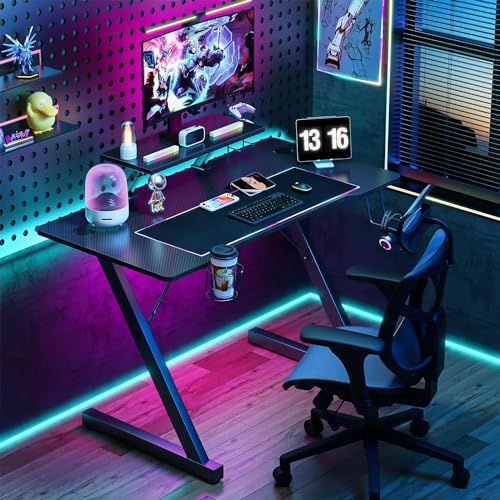 nwixbqoqn Gaming-Schreibtisch, 100 x 55 x 75 cm, Z-Form, mit Bildschirmhalterung, Gaming-Tisch, aus Kohlefaser, ergonomisch, mit Getränkehalter und Haken, Schwarz von nwixbqoqn
