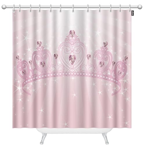 oFloral Prinzessinnen-Kronen-Duschvorhang für Badezimmer, schön, glänzend, rosa Hintergrund, Polyester, wasserdicht, Duschvorhang mit Haken, 183 x 183 cm von oFloral