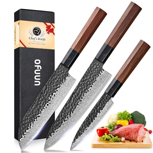 oFuun 3-Teilig Küchenmessersets Damast Messer Kochmesser Scharfes Küchenmesser, Santoku Kochmesser Profi Messer G-10 Stahl mit hohem Kohlenstoffgehalt mit Ergonomischem Achteckigem Griff von oFuun