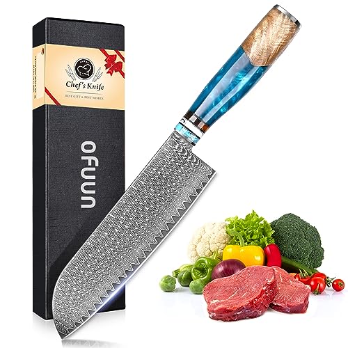 oFuun Damast Santokumesser Profi Messer, Scharfes Küchenmesser Messer Chefmesser 17,5cm Japanisches Kochmesser Damaststahl 67 Schichten mit Ergonomischem Griff Fleisch von oFuun