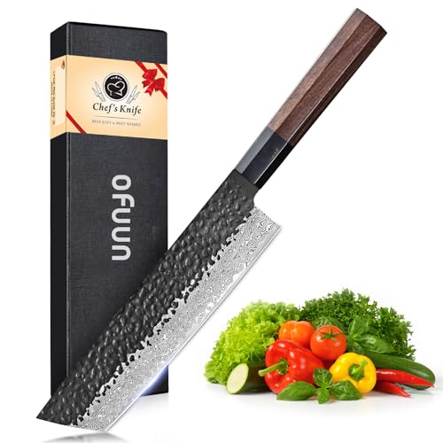 oFuun Damastmesser Nakiri Kochmesser 20cm, Professionelles Küchenmesser VG-10 Stahl mit hohem Kohlenstoffgehalt, Extra Scharfes Messer mit Ergonomischem Achteckigem Griff aus Rotholz und Geschenkbox. von oFuun