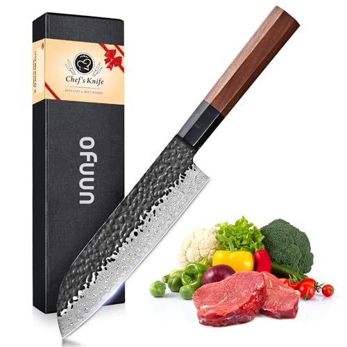 oFuun Damastmesser Santokumesser 18cm, Professionelles Küchenmesser VG-10 Stahl mit hohem Kohlenstoffgehalt, Extra Scharfes Kochmesser mit Ergonomischem Achteckigem Griff aus Rotholz und Geschenkbox. von oFuun