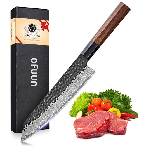 oFuun Küchenmesser Scharf Kochmesser 20cm Damastmesser Japanisches Kiritsuke Messer VG-10 Carbonstahl für Fleisch, Fisch Gemüse, Obst Rosenholzgriff von oFuun