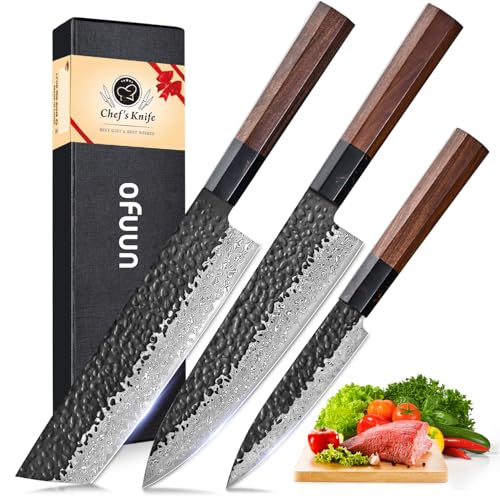 oFuun Küchenmessersets Damast Kochmesser 20cm, Professionelles Kiritsuke Küchenmesser, VG-10 High Carbon Steel Scharfes Messer für Fleisch und Fisch (Rosenholzgriff und Geschenkbox) von oFuun