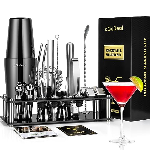 Cocktail Shaker Set, oGoDeal Boston Cocktail Shaker Schwarz mit Ständer, 27pcs Bar Equipment Barkeeper Set Cocktail Mixer Zubehör, Edelstahl Cocktail Geschenkset Mixology Bartender Kit von oGoDeal
