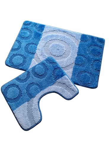 oKu-Tex Design Badematte Antirutsch Set 2 Teilig, rutschfest & waschbar, Badvorleger 60 x 100 cm für das Badezimmer, WC Vorleger mit Ausschnitt 50 x 60 cm, gestreift Kreise, hellblau blau von oKu-Tex