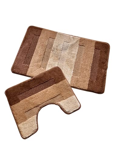 oKu-Tex Design Badematte Antirutsch Set 2 Teilig, rutschfest & waschbar, Badvorleger 60 x 100 cm für das Badezimmer, WC Vorleger mit Ausschnitt 50 x 60 cm, gestreift, braun beige von oKu-Tex