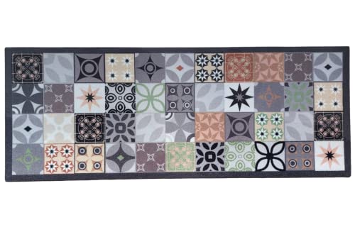 oKu-Tex Fußmatte | Schmutzfangmatte, Küchenläufer | Mosaik Muster Kacheln Kariert | Waschbar | Türvorleger für innen | rutschfest |anthrazit/grün | 45 x 75 cm von oKu-Tex