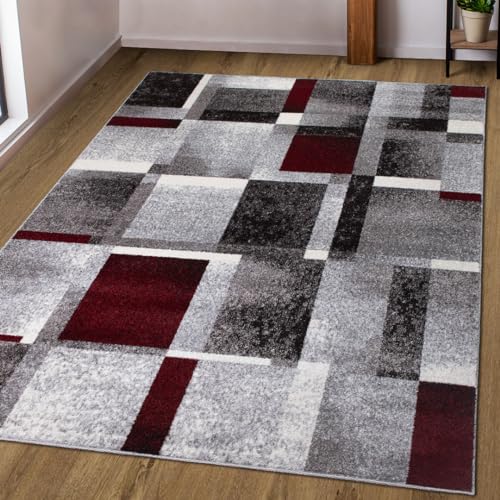 oKu-Tex Kurzflorteppich | Designteppich | Teppich Wohnzimmer | Florhöhe: 9 mm | besonders weicher Flor | geometrisches Muster | modern | meliert grau rot | dichte Qualität | 120 x 170 cm von oKu-Tex