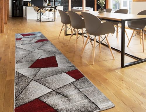 oKu-Tex Teppich | Webteppich | für Wohnzimmer, Flur, Schlafzimmer | Teppichläufer, Brücke | Rot Modern | geometrisches Design | Öko-Tex 100 |Größe 80 x 330 cm von oKu-Tex