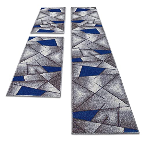 oKu-Tex Teppich Webteppich fürs Schlafzimmer Bettumrandung 3er Set Blau Modern geometrisches Design Öko-Tex 100 2 mal 67 x 140 cm, 1 mal 67 x 340 cm 30161blau067620 von oKu-Tex