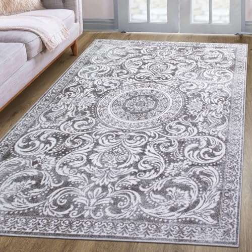 oKu-Tex Teppich | Wohnzimmerteppich | kurzflor | Hoch-Tief-Effekt | orientalisches Design, Vintage | Höhe: 1 cm | besonders weicher Flor | Pflegeleicht | grau | 200 x 290 cm von oKu-Tex