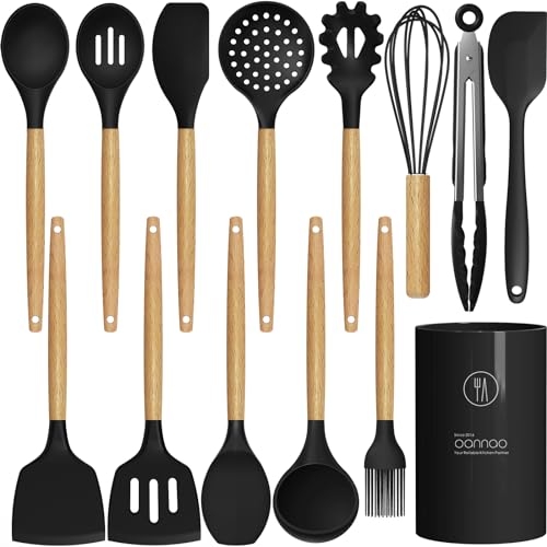 Silikon-Kochutensilien-Set, Utensilien-Sets °C °C, hitzebeständiges Silikon-Küchenutensilien-Set, Holzgriffe, Silikon-Utensilien zum Kochen, mit Halter für antihaftbeschichtetes Kochgeschirr, BPA-frei von oannao