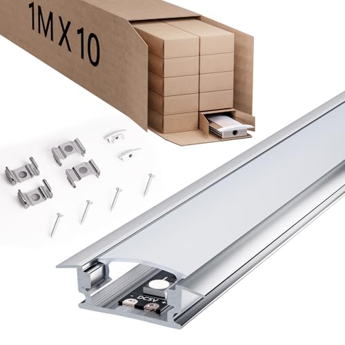 ocealux LED Aluminium Profil – 10x1m Alu Profile mit Weißer PC Abdeckung, Montageclips Staubdicht, Blendfreies Eckenlicht, LED Streifen Kanal Diffusor, Leiste Eckprofil für Küchenzeilen/Treppen von ocealux