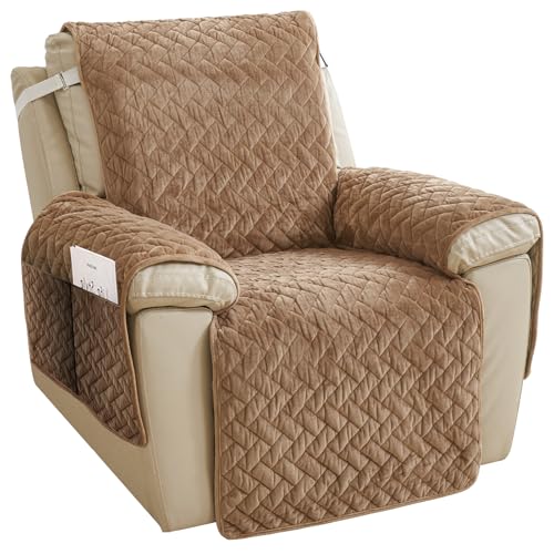 ocellie Sesselschoner für Relaxsessel, 1 Sitzer Plüsch Sesselschoner mit Taschen, Schutz vor Schmutz und Kratzern, rutschfest Fernsehsessel Bezug (Kaffeefarbe, 1 Sitzer) von ocellie