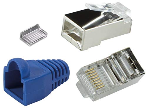 odedo 20er Set RJ45 Crimpstecker CAT 6 / CAT 5e blau Metall geschirmt mit Einfädelhilfe und Knickschutz, Crimp Stecker Gigabit Netzwerkstecker von odedo