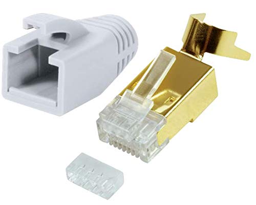 odedo 10x RJ45 Stecker CAT7, CAT6A, CAT8.1 Netzwerkstecker für Installationskabel, Verlegekabel 10GBit AWG 22-24 PoE LAN Crimp Stecker Metall mit Einfädelhilfe und Knickschutz Gold Weiß von odedo