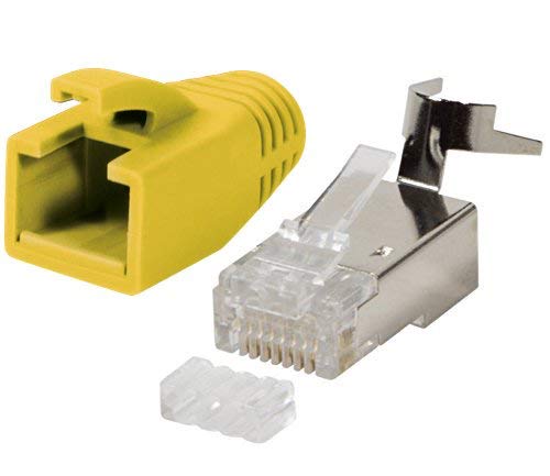 odedo 10x RJ45 Crimp Stecker CAT7, CAT6A, CAT8.1 Netzwerkstecker auch für Verlegekabel 10GBit AWG 22-24 PoE LAN Crimpstecker Metall mit Einfädelhilfe und Knickschutz Gelb von odedo