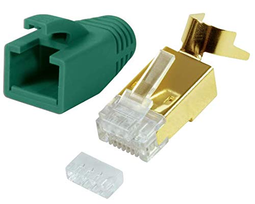 odedo 10x RJ45 Stecker CAT7, CAT6A, CAT8.1 Netzwerkstecker für Installationskabel, Verlegekabel 10GBit AWG 22-24 PoE LAN Crimp Stecker Metall mit Einfädelhilfe und Knickschutz Gold, Grün von odedo