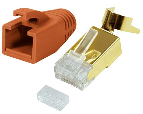 odedo 10x RJ45 Stecker CAT7, CAT6A, CAT8.1 Netzwerkstecker für Installationskabel, Verlegekabel 10GBit AWG 22-24 PoE LAN Crimp Stecker Metall mit Einfädelhilfe und Knickschutz Gold, Orange von odedo