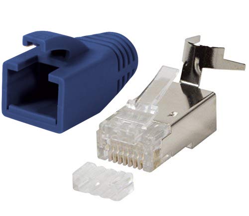 odedo 10x RJ45 Stecker CAT7, CAT6A, CAT8.1 Netzwerkstecker für Installationskabel, Verlegekabel 10GBit AWG 22-24 PoE LAN Crimp Stecker Metall mit Einfädelhilfe und Knickschutz Blau von odedo