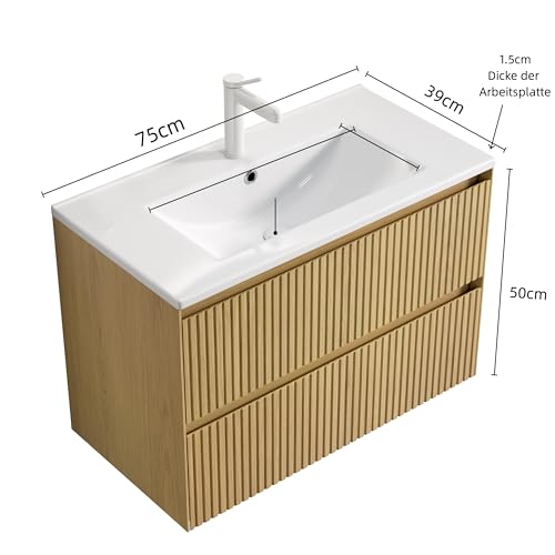 odikalo Badezimmer Waschtisch 75cm Wandhalterung Badmöbel mit Rechteckigem Keramik-Waschbecken, Unterschrank mit 3D Furnier, 2 Schubladen odikalo Badezimmer Waschtisch 75cm Wandhalterung Badmöbel mit Rechteckigem Keramik-Waschbecken, Unterschrank mit 3D Furnier, 2 Schubladen von odikalo