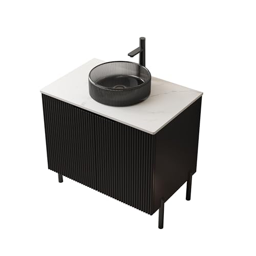 odikalo Badezimmer Waschtisch 76cm Wandhalterung Badmöbel mit Transparentem Glas-Waschbecken, Arbeitsplatte aus Gesintertem Carrara-Stein, 3D Waschbeckenunterschrank von odikalo