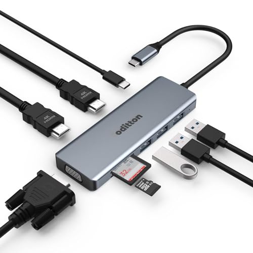 USB C Hub, oditton 9 in 1 USB C Adapter Multiport Docking Station Kompatibel für USB C Laptops und Andere Typ C Geräte (2 * 4K HDMI, VGA, 3* USB A 3.0, 100W PD, SD/TF) von oditton