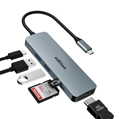 oditton HDMI Hub, 6-in-1 USB C Adapter mit 4K HDMI, 100W PD, 2 x USB 3.0, SD/TF-Kartenleser für Mac OS, Windows 10/8/7, XP, Linux von oditton