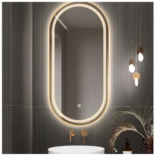 Ovaler Badezimmerspiegel mit LED-Beleuchtung, Hintergrundbeleuchtung + Frontbeleuchtung, Ovaler Schminkspiegel mit dimmbarem 3-farbigem LED-Licht, 3000–6000 K, Gold von oeLucrv