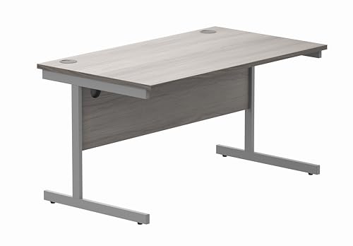 office hippo Essentials Rechteckiger Schreibtisch-Computer-Arbeitsplatz, Heimbürotisch mit Kabelanschluss-Management, 140 x 80 cm, Graue Alaska-Eiche von office hippo