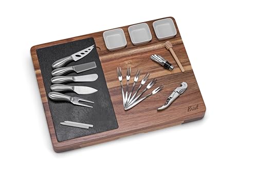 Servierbrett Holz - Großes Käsebrett Set aus massiven Akazienholz dunkel - Servierplatte für Käse und Häppchen - Käseplatte mit Servier-Set, Schieferplatte, Keramikschalen, Käsemesser-Set von office point germany