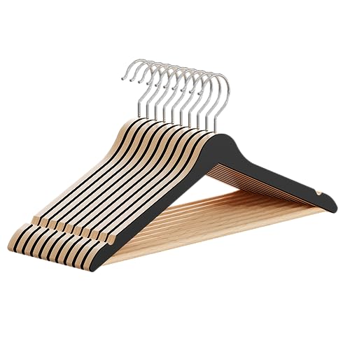 OGIVO Kleiderbügel Holz - Made in EU - Holzbügel für Ihren Garderobe - Haken um 360° drehbar - Einkerbungen im Schulterbereich - Hangers Clothes (10, Natur und Schwarz) von ogivo