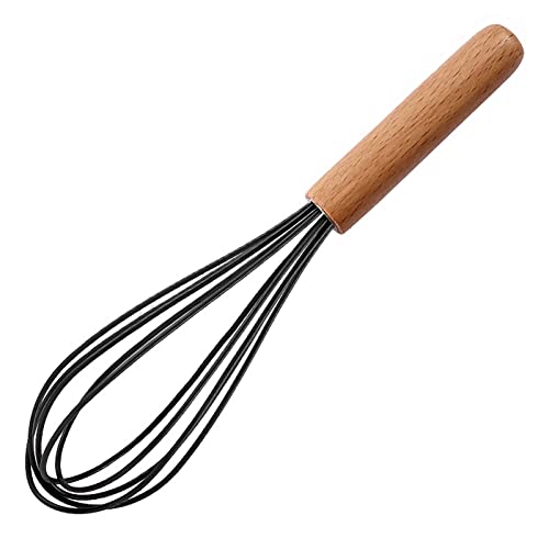 ohfruit 25,4 cm Silikon-Schneebesen mit Holzgriff, Creme-Mixer, manueller Eierschlägel, hitzebeständig, Küchen-Schneebesen, Eiershaker-Mixer, Schwarz / Schwarz von ohfruit