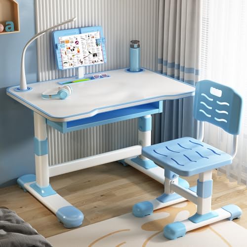 ohfruit Kindertisch und Stühle, einfache Montage, höhenverstellbarer Kinder-Schulschreibtisch mit neigbarem Leseständer, LED-Licht, Lerntisch und Stuhl-Set für Jungen und Mädchen, ideal für von ohfruit