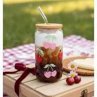 Trinkglas Mit Kirschen | Kaffebecher Cherry Bambusdeckel + Strohhalm Bierdosenglas Geschenk Weihnachten Geburtstag von ohhappyclub