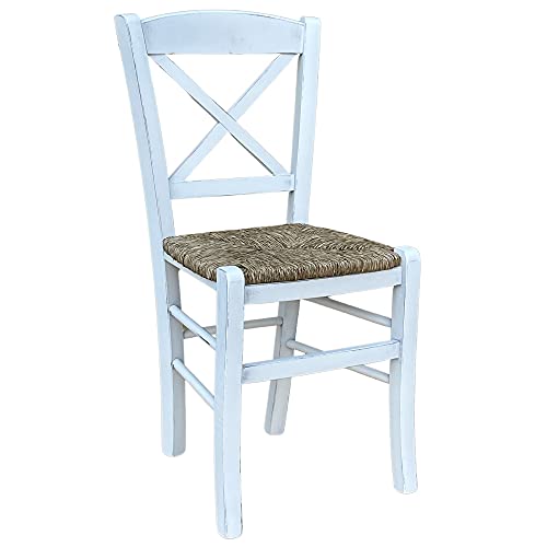 Stuhl aus Holz, Modell Kreuz, antik, weiß, mit Sitzfläche aus Stroh. von okaffarefatto zimbardi costanza