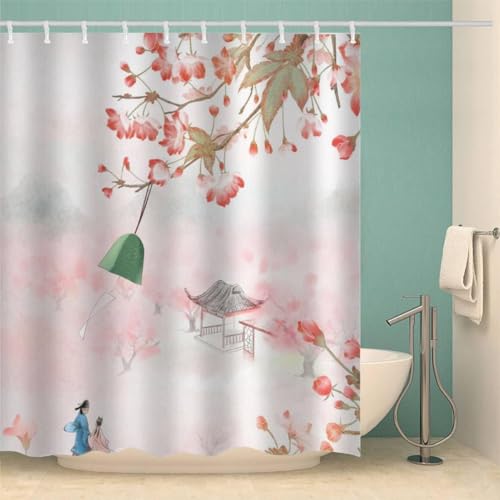 Duschvorhang 120 x 200 cm Chinesisches Paar, 3D Duschvorhang Anti-Schimmel Chinesisches Paar, Shower Curtains Polyester Wasserdicht Duschvorhänge für Badezimmer, Bad Vorhang mit 12 Haken b2684 von okoikfc