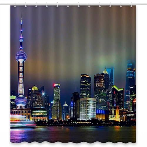 Duschvorhang 150x200 cm Chinesische Stadtarchitektur, 3D Duschvorhang Anti-Schimmel Chinesische, Shower Curtains Polyester Wasserdicht Duschvorhänge für Badezimmer, Bad Vorhang mit 12 Haken b2556 von okoikfc