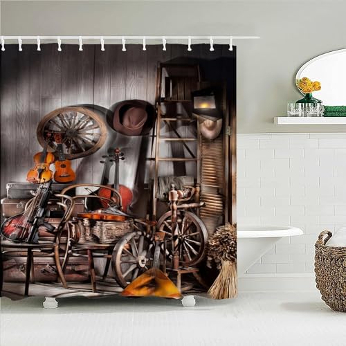 Duschvorhang 180x220 cm Western Cowboy Retro Country, 3D Duschvorhang Anti-Schimmel Retro Country, Shower Curtains Polyester Wasserdicht Duschvorhänge für Badezimmer, Bad Vorhang mit 12 Haken b2700 von okoikfc