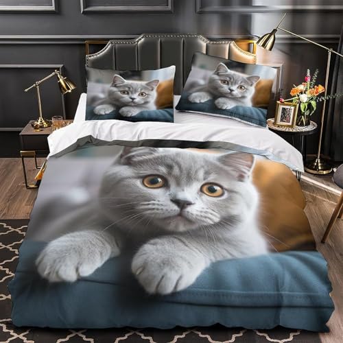 okoikfc Bettwäsche 135x200 Graue Katze Weiche Mikrofaser Tier Bettbezug 135 x 200 Duvet Cover mit 2 Kissenbezug 80x80 cm, Bedding Set Für Kinder Erwachsene FF149 von okoikfc