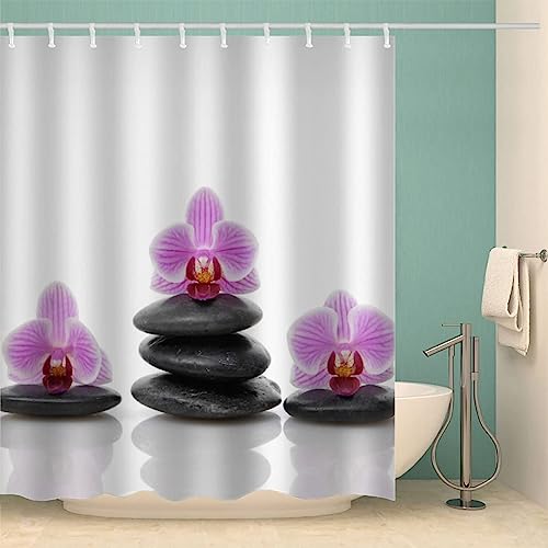 okoikfc Duschvorhang 240x200 cm Zen, 3D Orchidee Duschvorhang Anti-Schimmel Textil, Shower Curtains Polyester Stoff Wasserdicht Duschvorhänge für Badezimmer, Bad Vorhang mit 12 Haken von okoikfc