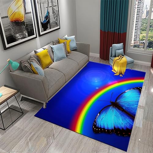 okoikfc Regenbogen Teppich Wohnzimmer, 3D Schmetterling Teppich 140 x 200 cm, Waschbarer rutschfest Teppiche für Kinderzimmer Schlafzimmer Deko Antirutschmatte Carpet L1440 von okoikfc