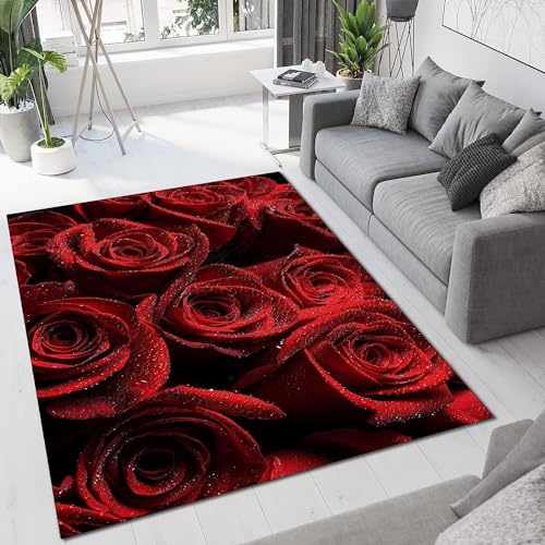 okoikfc Rose Teppich Wohnzimmer, 3D Rot Teppich 60 x 120 cm, Waschbarer rutschfest Teppiche für Kinderzimmer Schlafzimmer Deko Antirutschmatte Carpet L1232 von okoikfc