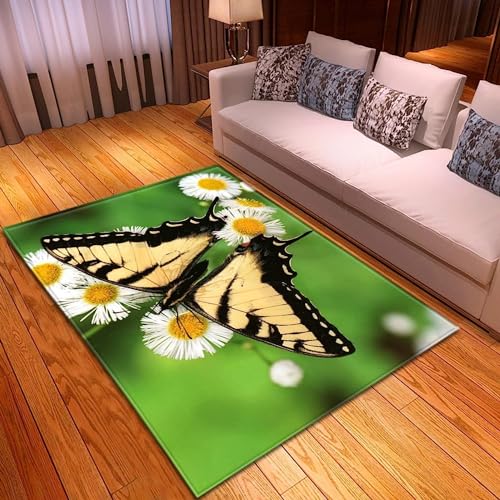okoikfc Schmetterling Teppich Wohnzimmer, 3D Blumen Teppich 120 x 170 cm, Waschbarer rutschfest Teppiche für Kinderzimmer Schlafzimmer Deko Antirutschmatte Carpet L839 von okoikfc