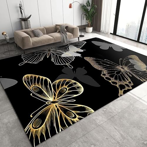 okoikfc Schwarzes Gold Teppich Wohnzimmer, 3D Schmetterling Teppich 80 x 160 cm, Waschbarer rutschfest Teppiche für Kinderzimmer Schlafzimmer Deko Antirutschmatte Carpet L555 von okoikfc