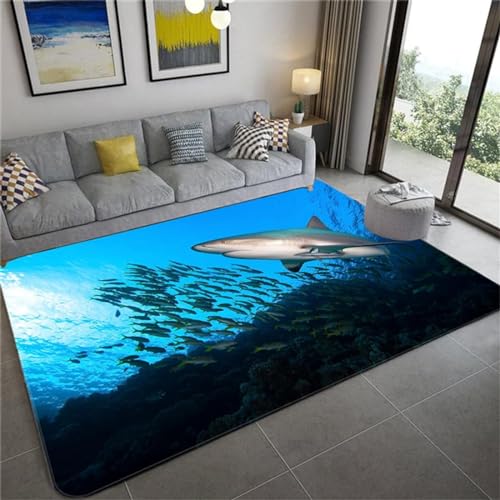 okoikfc Teppich 140 x 200 cm Hai 3D Teppich Wohnzimmer Hai Waschbarer rutschfest, Teppiche für Kinderzimmer Schlafzimmer Deko Antirutschmatte Carpet Matte,A1194 von okoikfc