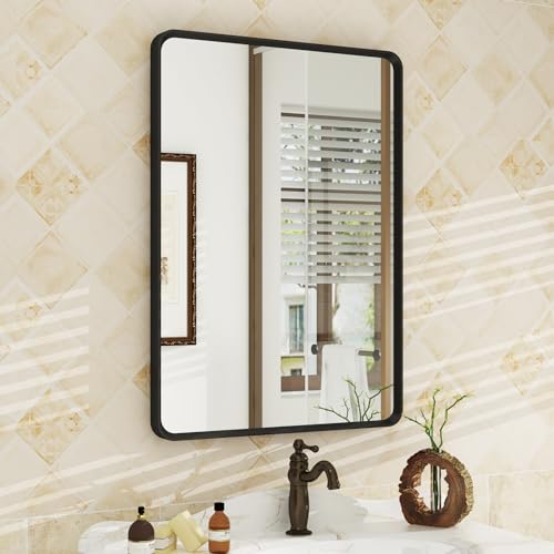 OKPAL 50,8 x 71,1 cm, mattschwarzer Badezimmerspiegel für die Wand, schwarzer Metallrahmen, Kosmetikspiegel, schwarz, abgerundeter rechteckiger Spiegel für Schlafzimmer, rostfrei, Wandmontage von okpal