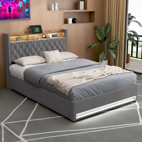 okwish Anhebbarer Queensize-Bettrahmen mit Stauraum und Stauraum-Kopfteil, gepolstertes Plattformbett mit LED-Beleuchtung, Queensize-Bett mit Hydraulik, kein Boxspring erforderlich (140x190cm) von okwish